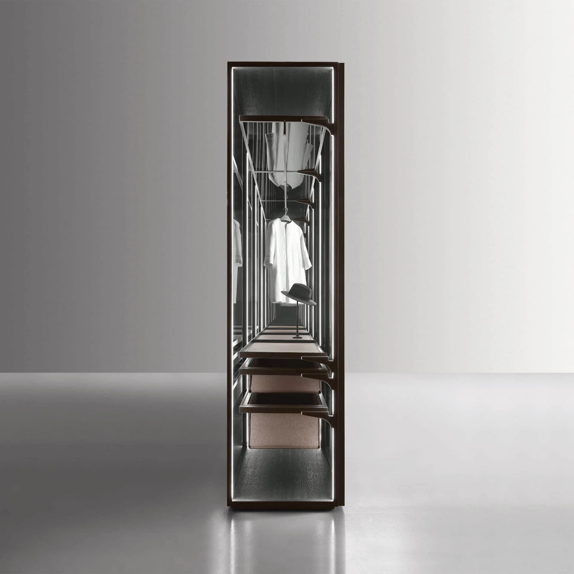 A freestanding illuminated closet module finished on all sides